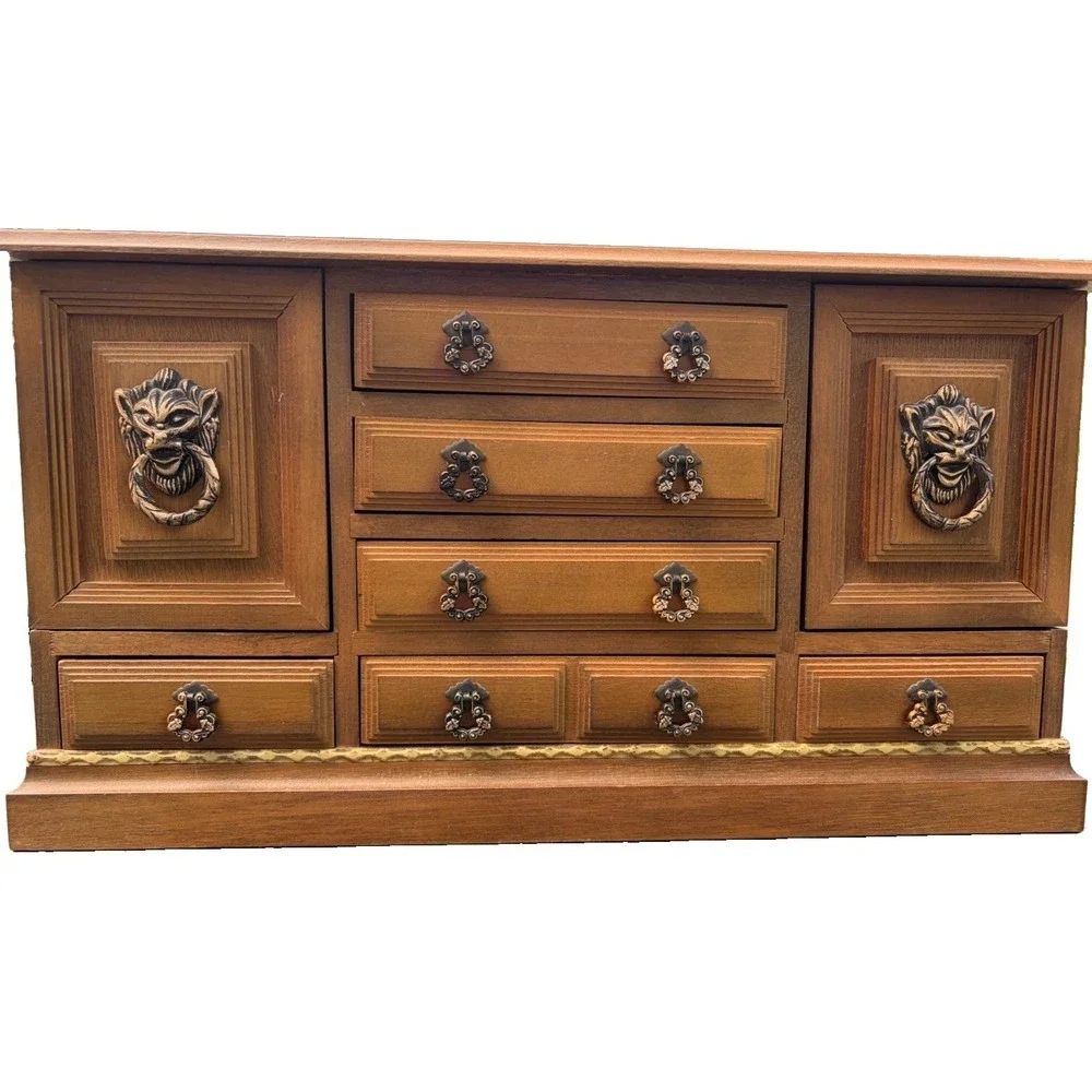 Vintage Wooden Jewelry Armoire Cabinet Lion Head Doors Red Felt Lined 13 Drawer